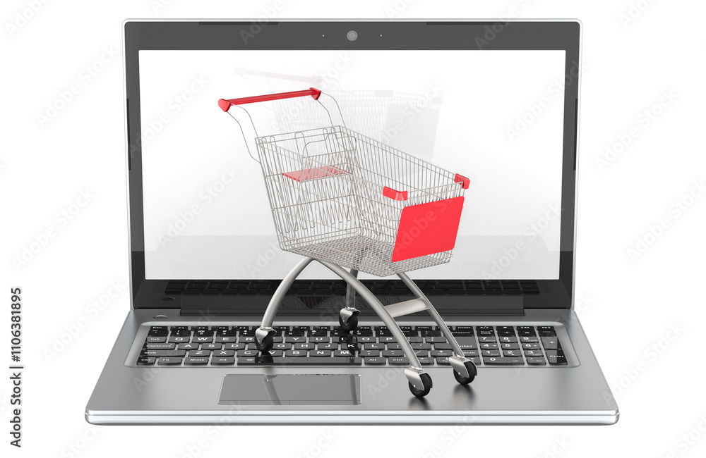 Aufkleber shopping cart on the keyboard of laptop, 3d rendering isolated on transparent background