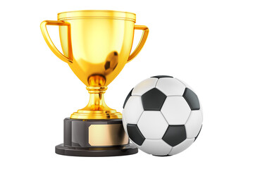 Gold trophy cup award and soccer ball, 3D rendering isolated on transparent background