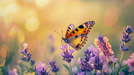 Vibrant butterfly on colorful flowers in sunlit garden setting