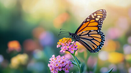 Obraz premium Vibrant monarch butterfly resting on colorful flowers in sunlit garden