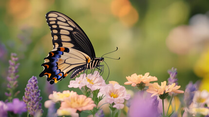 Vibrant swallowtail butterfly resting on colorful wildflowers in blooming garden
