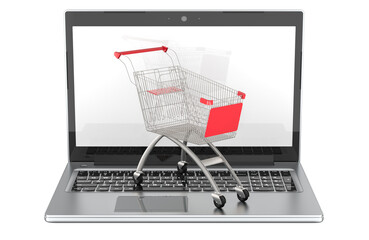 Shopping cart on the keyboard of laptop, 3D rendering isolated on transparent background