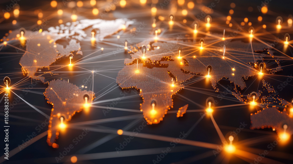 Poster illuminated world map with digital network connections