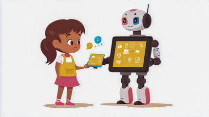 Young hispanic girl interacting with friendly robot using technology tablets