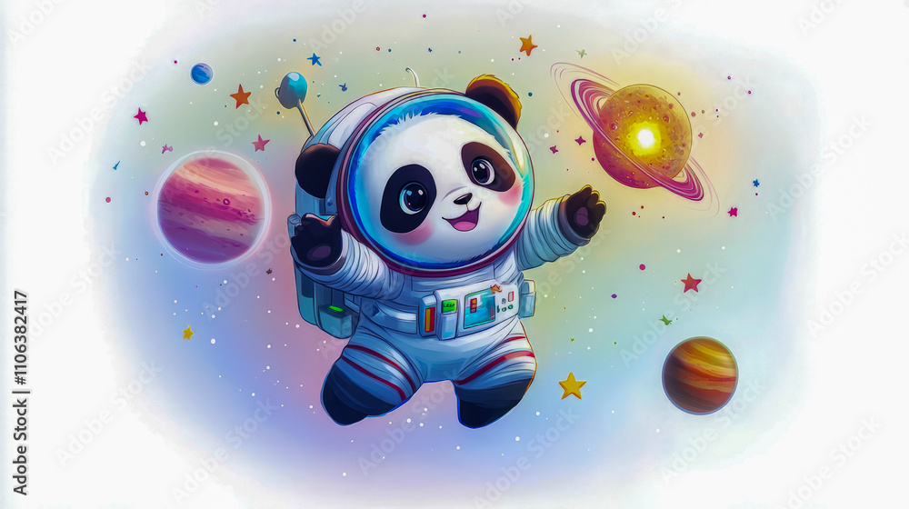 Poster adorable astronaut panda exploring colorful outer space with planets and stars