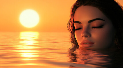 Fototapeta premium Tranquil woman with closed eyes enjoying peaceful moment in ocean water during golden sunset