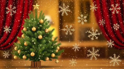 Christmas Background With Snowflakes And Christmas Tree