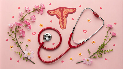 A red stethoscope lies on a pink background alongside pink flowers and a uterus illustration. This vibrant image symbolizes women's health and wellness.