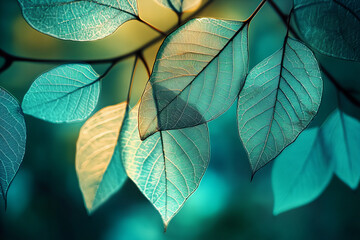 Elegant closeup of translucent teal leaves with intricate vein patterns, showcasing delicate nature textures and organic beauty for creative design inspiration and decorative purposes