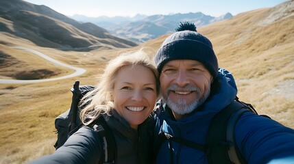 A middle-aged man with short blonde hair takes a selfie photo of himself and his wife