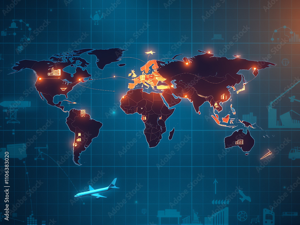 Poster global connectivity illustrated through a dynamic world map with technological highlights and transp