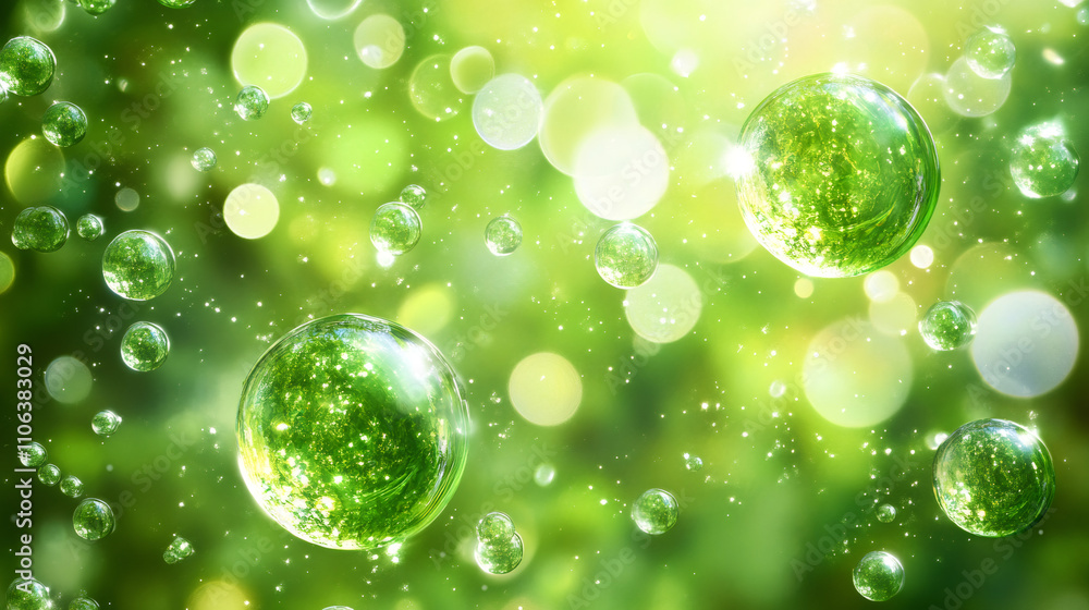 Poster Abstract green background with floating spheres reflecting lush foliage, creating a vibrant and refreshing natural scene