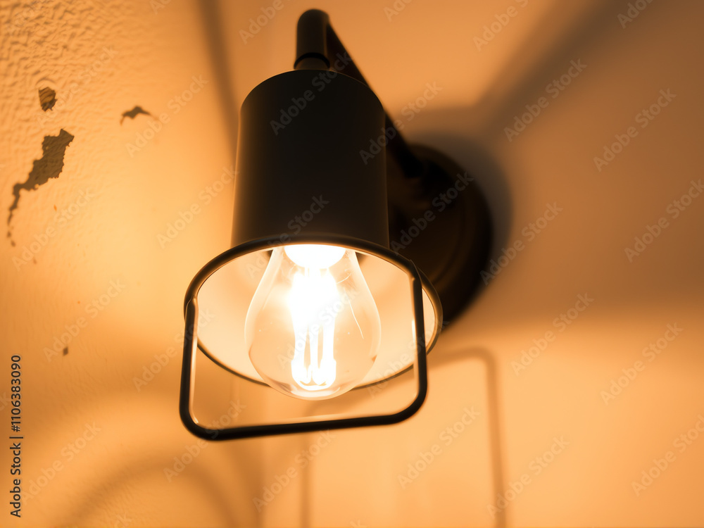 Poster light fixture casting a warm glow on a textured wall creating a cozy atmosphere in an interior setti