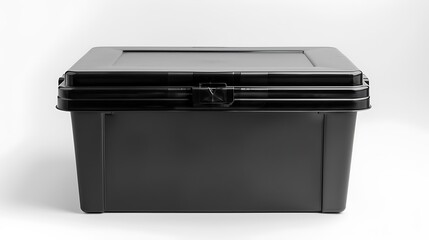 "A sleek black plastic box isolated on a clean white background, showcasing its simple design, ideal for storage solutions, organization, and minimalist home decor."

