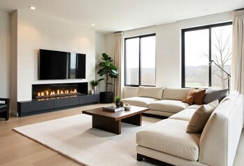 Fototapeta premium Modern living room interior with fireplace, featuring comfortable sofa, stylish decor, and large windows
