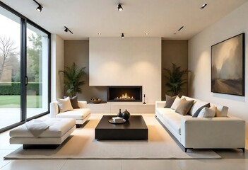 Modern living room interior with fireplace, featuring comfortable sofa, stylish decor, and large windows