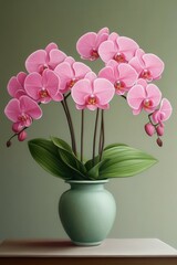 Fototapeta premium Beautiful pink orchids in a green vase on display