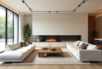 Modern living room interior with fireplace, featuring comfortable sofa, stylish decor, and large windows