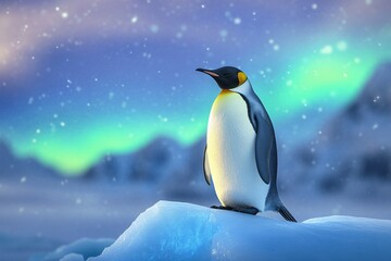 Obraz premium A lone emperor penguin standing confidently on an iceberg shaped like an upward arrow, glowing aurora in the sky, hyper-detailed feathers, cinematic lighting, ultra-realistic close-up 1