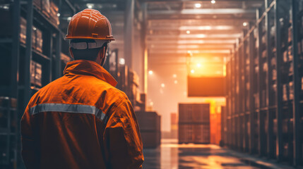 Obraz premium Worker in safety gear surveys a busy shipping container yard illuminated by industrial lights during evening hours