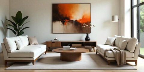 Modern living room interior with fireplace, featuring cozy furniture and stylish design elements