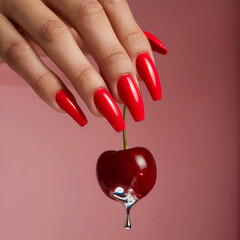 Women With Long Nail With A Cherry In Her Hand