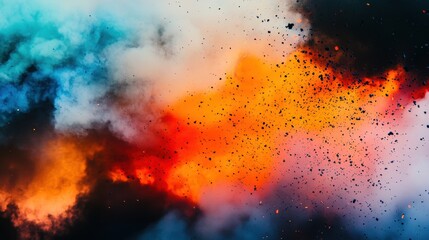 Fototapeta premium Explosive burst of neon orange and fiery red sparks radiating from a dark smoky core, with electric blue highlights, capturing the intense energy of a digital inferno in vivid detail.