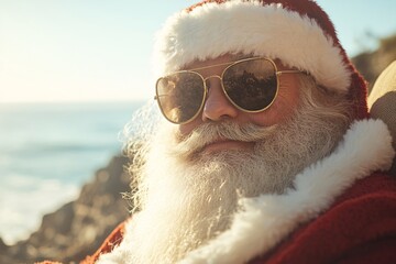 Santa Claus wearing sunglasses, relaxed pose with a casual attitude, in a beach chair, ocean view, bright sunlight, medium close-up, soft focus 2