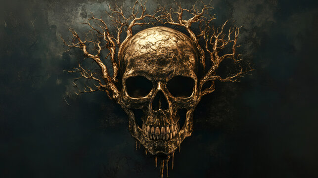 Nature reclaiming life: golden skull adorned with growing tree branches illustrating the cycle of life and death