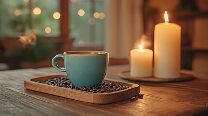 A cozy scene featuring a steaming coffee cup on a wooden tray with candles in the background.