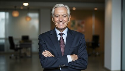 Fototapeta premium Happy older business man executive standing in office arms crossed, vertical portrait. Smiling mature banker, confident middle aged professional businessman manager entrepreneur looking at camera.
