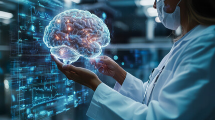 Female doctor examining holographic brain in advanced medical lab environment