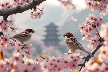 Obraz premium Sparrows hopping between delicate cherry blossoms, with a traditional pagoda in the distance.