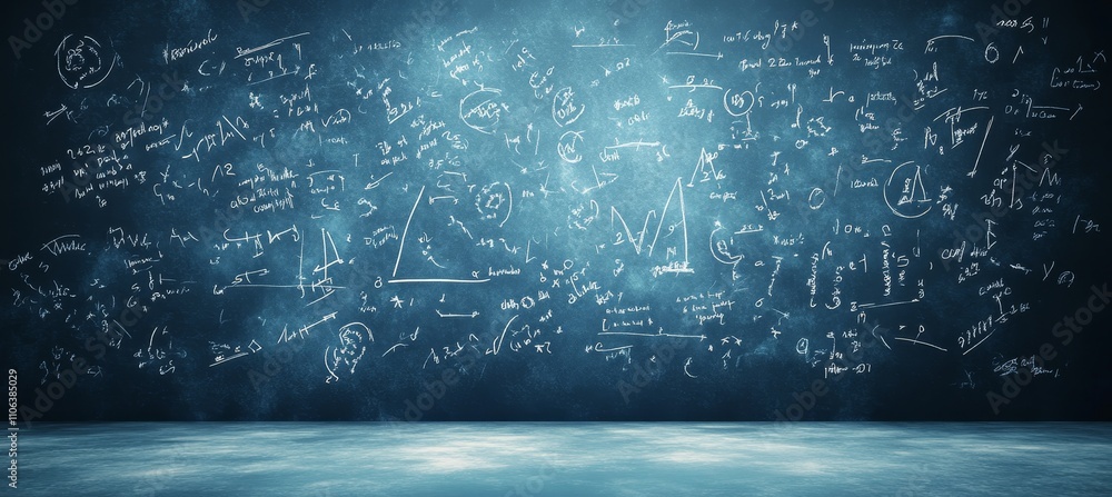 Poster dark blue chalkboard background with mathematical formulas and equations in classroom