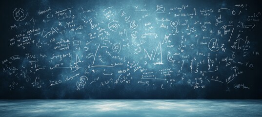 Dark Blue Chalkboard Background With Mathematical Formulas And Equations In Classroom