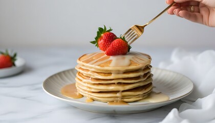 Indulge in a delightful breakfast spread, featuring fluffy pancakes topped with fresh strawberries.
