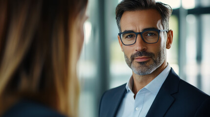 Fototapeta premium Business professional in smart attire engages in conversation at a modern office space during a bright afternoon
