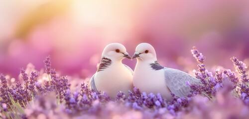 Spotted doves nestled among a bed of blooming lavender, with a soft garden background.