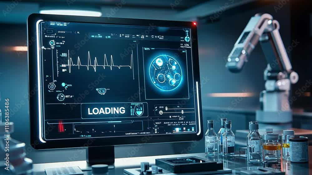 Poster dynamic display of futuristic technology showcasing advanced analytics in a sleek lab environment