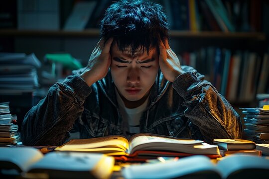 Stressed Student Studying Intently at Desk in Library Workspace