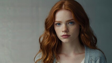 Naklejka premium young redhead woman with bright blue eyes and long wavy red hair