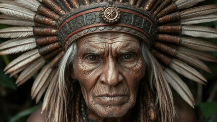 Obraz premium Weathered Face of Revered Indigenous Elder in Traditional Headdress and Ceremonial Attire long title The weathered lined face of a revered elder from