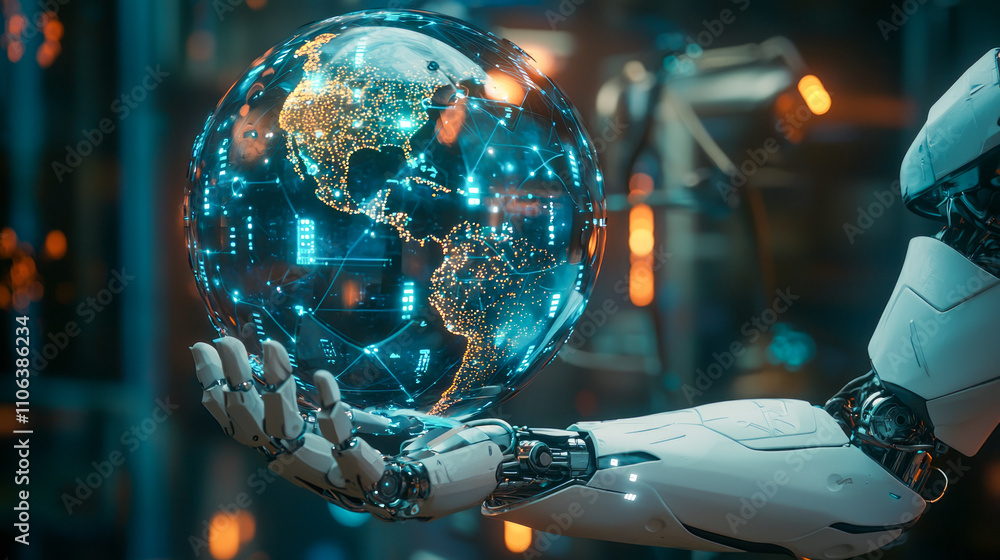 Aufkleber futuristic robotic hand holding digital globe with glowing network patterns