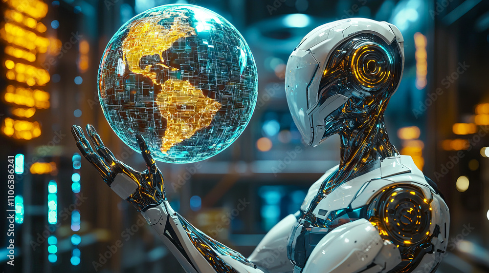 Poster futuristic robot analyzing digital globe in high-tech environment