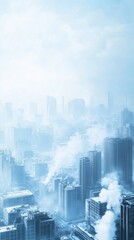 Foggy cityscape with skyscrapers enveloped in mist and smoke, AI