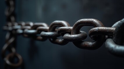 Fototapeta premium Rusty iron chain links glisten softly, highlighting their texture and age in a moody setting