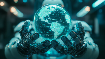 Futuristic robot holding digital globe with holographic earth display