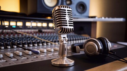 A classic studio microphone against an audio mixing board, radiating retro charm and professional sound engineering vibes