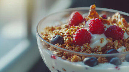 A delicious parfait featuring creamy Greek yogurt, crunchy granola, and fresh raspberries in a glass dish, perfect for a healthy breakfast or snack