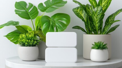 Fototapeta premium Two blank business cards placed on a marble surface surrounded by lush plants, creating a professional mockup setting